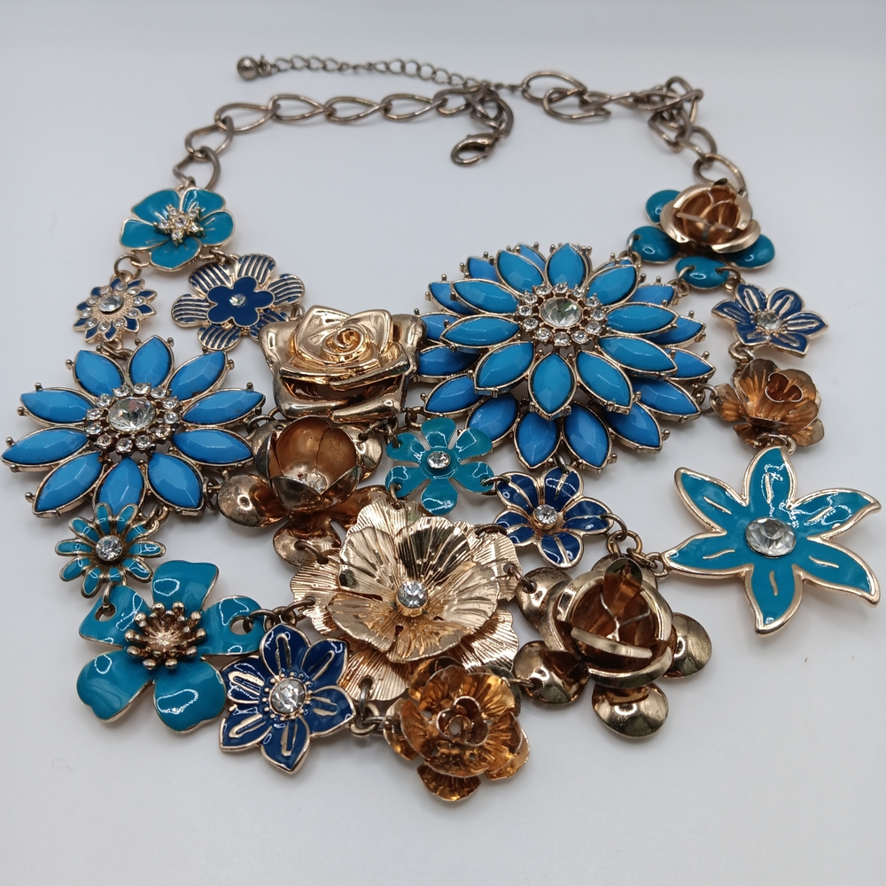 Floral Blue and Gold Statement Necklace